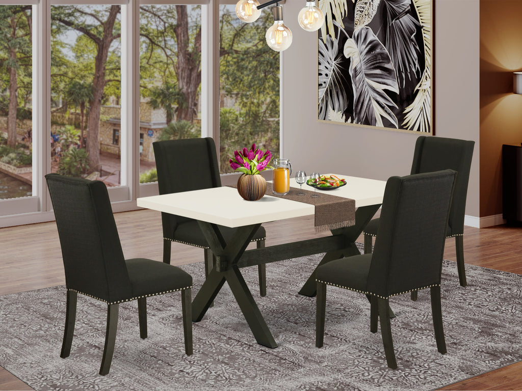 East West Furniture X626FL624-5 5 Piece Modern Dining Table Set Includes a Rectangle Wooden Table with X-Legs and 4 Black Linen Fabric Parson Dining Room Chairs