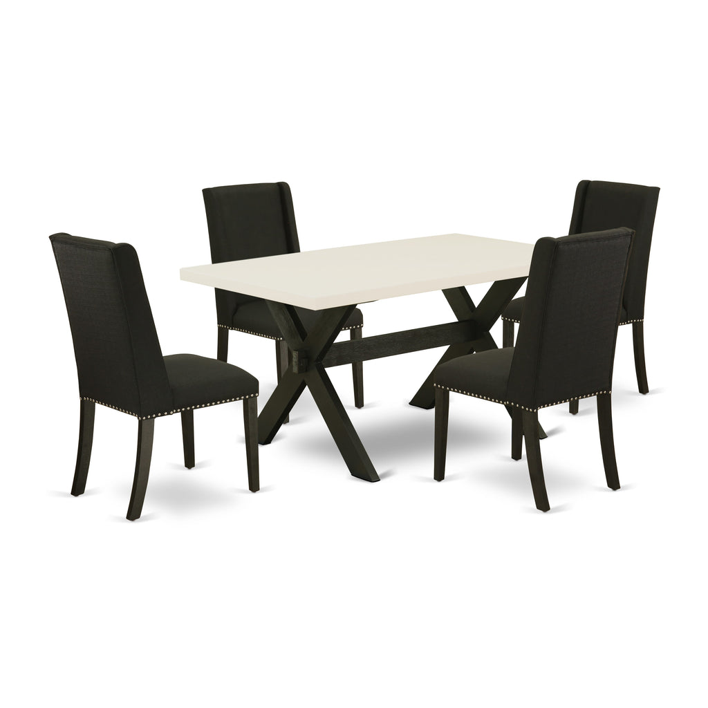 East West Furniture X626FL624-5 5 Piece Modern Dining Table Set Includes a Rectangle Wooden Table with X-Legs and 4 Black Linen Fabric Parson Dining Room Chairs