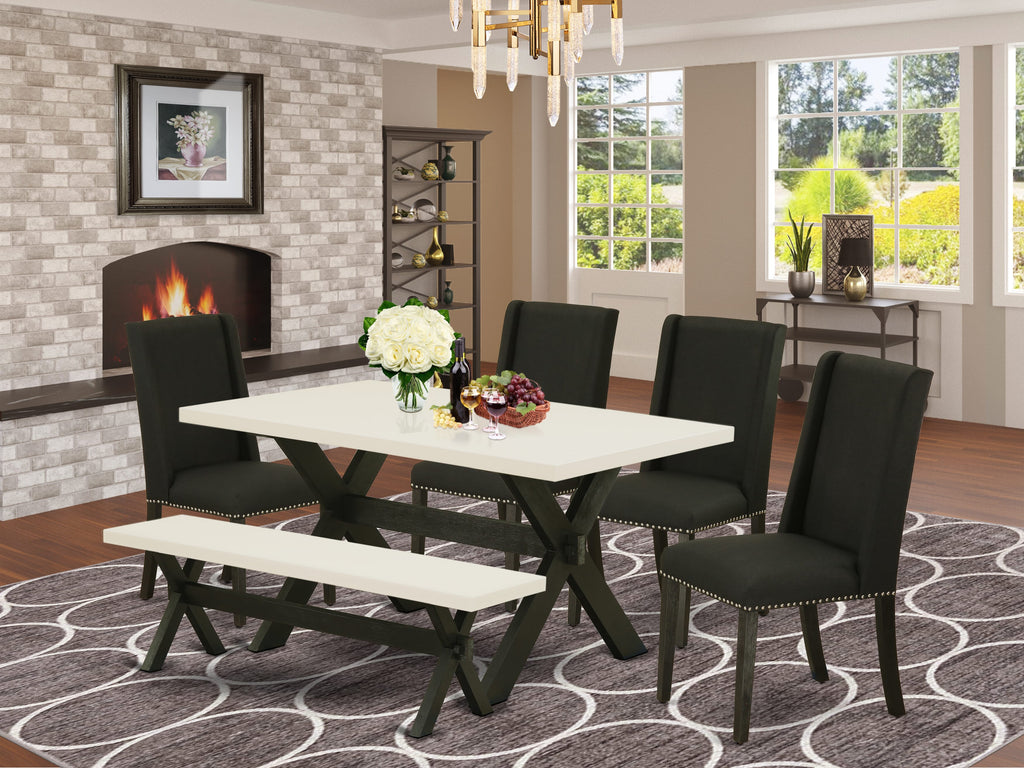 East West Furniture X626FL624-6 6 Piece Dining Table Set Contains a Rectangle Kitchen Table with X-Legs and 4 Black Linen Fabric Upholstered Chairs with a Bench