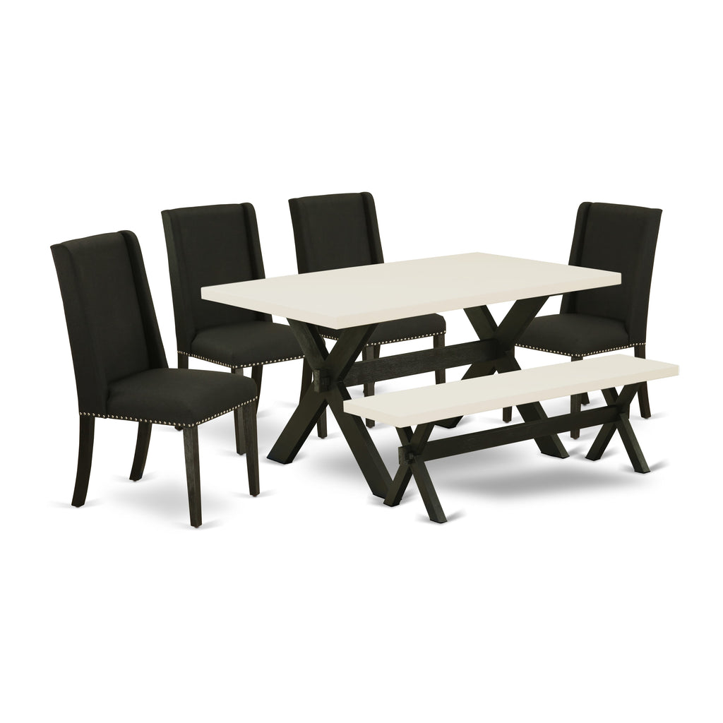 East West Furniture X626FL624-6 6 Piece Dining Table Set Contains a Rectangle Kitchen Table with X-Legs and 4 Black Linen Fabric Upholstered Chairs with a Bench