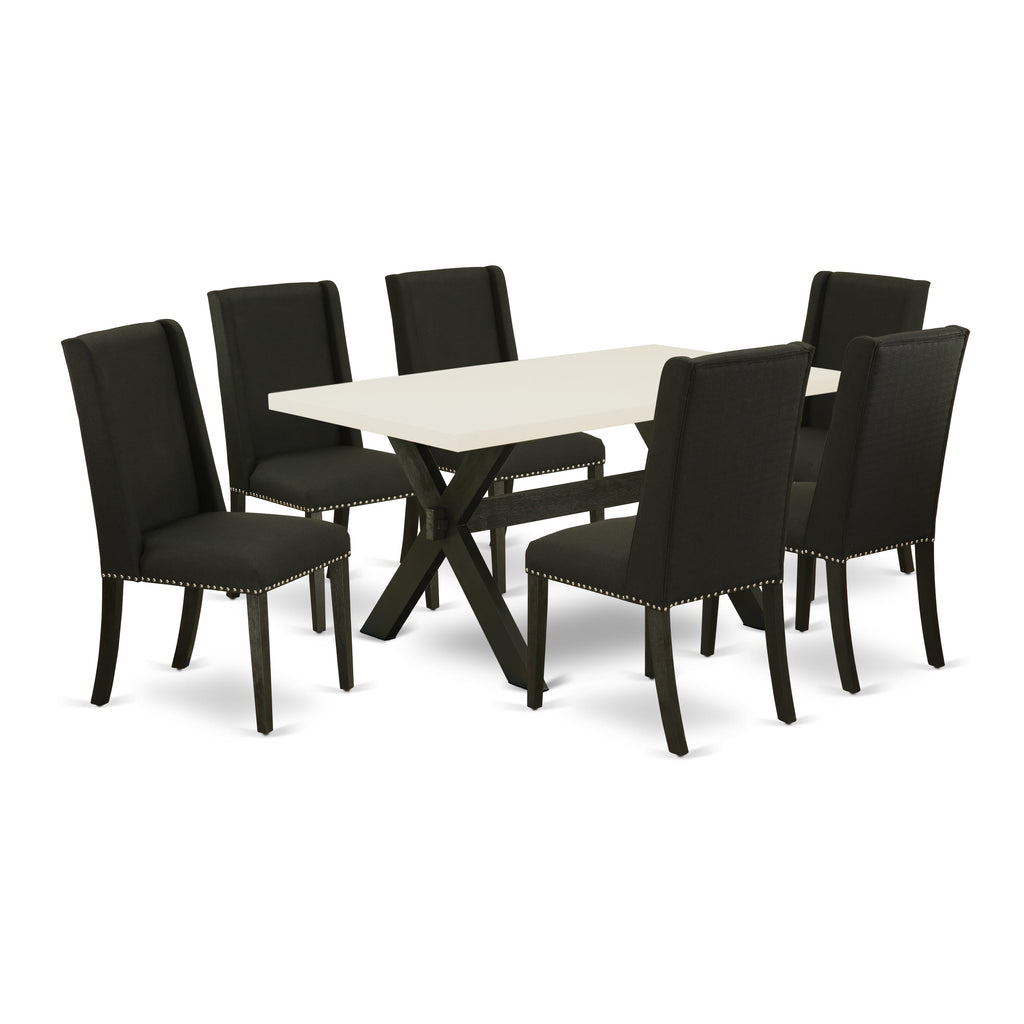 East West Furniture X626FL624-7 7 Piece Dining Set Consist of a Rectangle Dining Room Table with X-Legs and 6 Black Linen Fabric Upholstered Parson Chairs