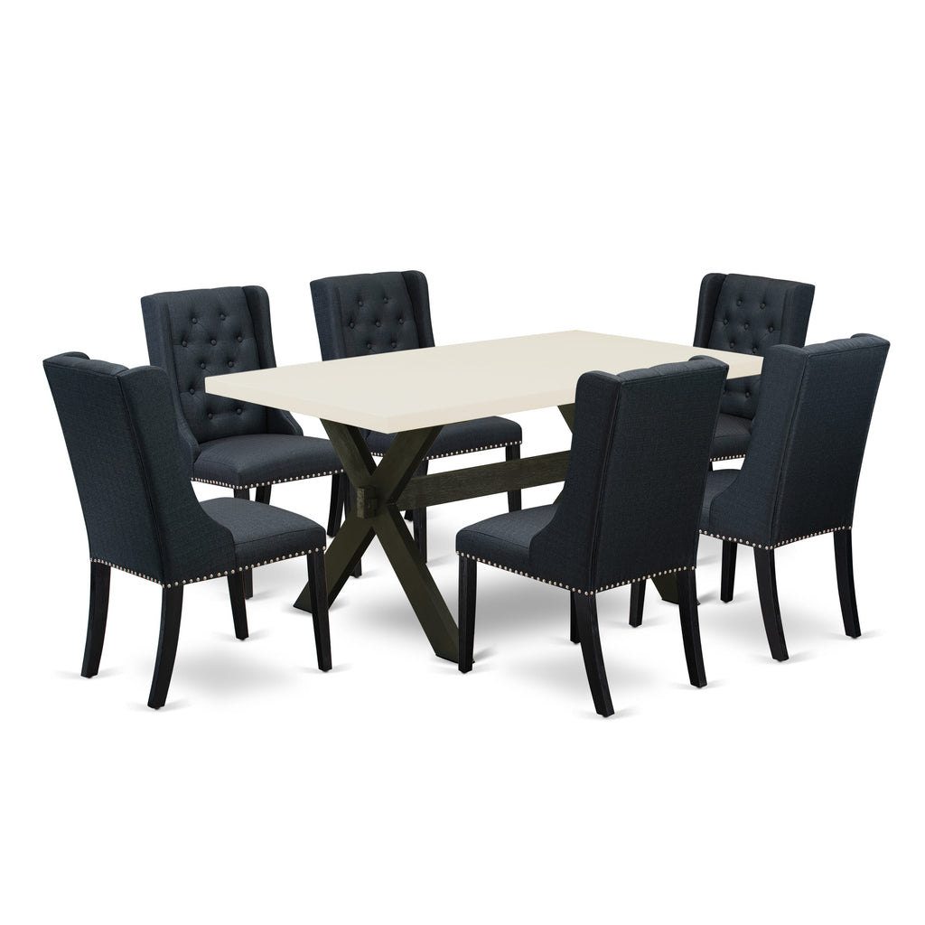 East West Furniture X626FO624-7 7 Piece Dining Set Consist of a Rectangle Dining Room Table with X-Legs and 6 Black Linen Fabric Upholstered Chairs