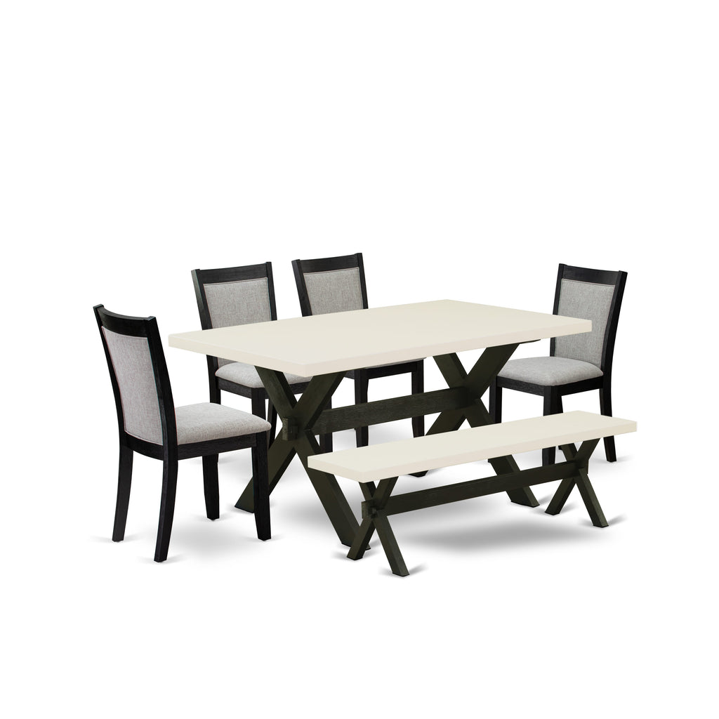 East West Furniture X626MZ606-6 6 Piece Dining Set Contains a Rectangle Dining Room Table with X-Legs and 4 Shitake Linen Fabric Upholstered Chairs with a Bench