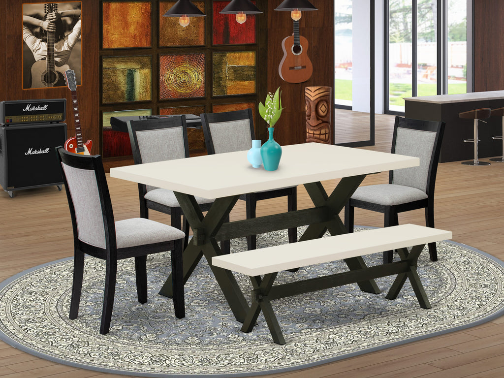 East West Furniture X626MZ606-6 6 Piece Dining Set Contains a Rectangle Dining Room Table with X-Legs and 4 Shitake Linen Fabric Upholstered Chairs with a Bench