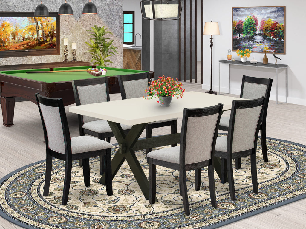 East West Furniture X626MZ606-7 7 Piece Modern Dining Table Set Consist of a Rectangle Wooden Table with X-Legs and 6 Shitake Linen Fabric Parson Dining Chairs