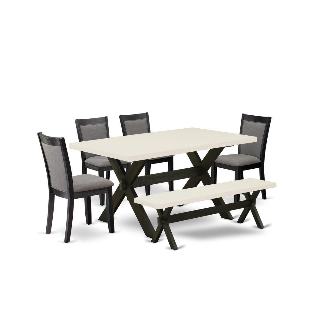 East West Furniture X626MZ650-6 6 Piece Dinette Set Contains a Rectangle Dining Table with X-Legs and 4 Dark Gotham Grey Linen Fabric Parson Chairs with a Bench