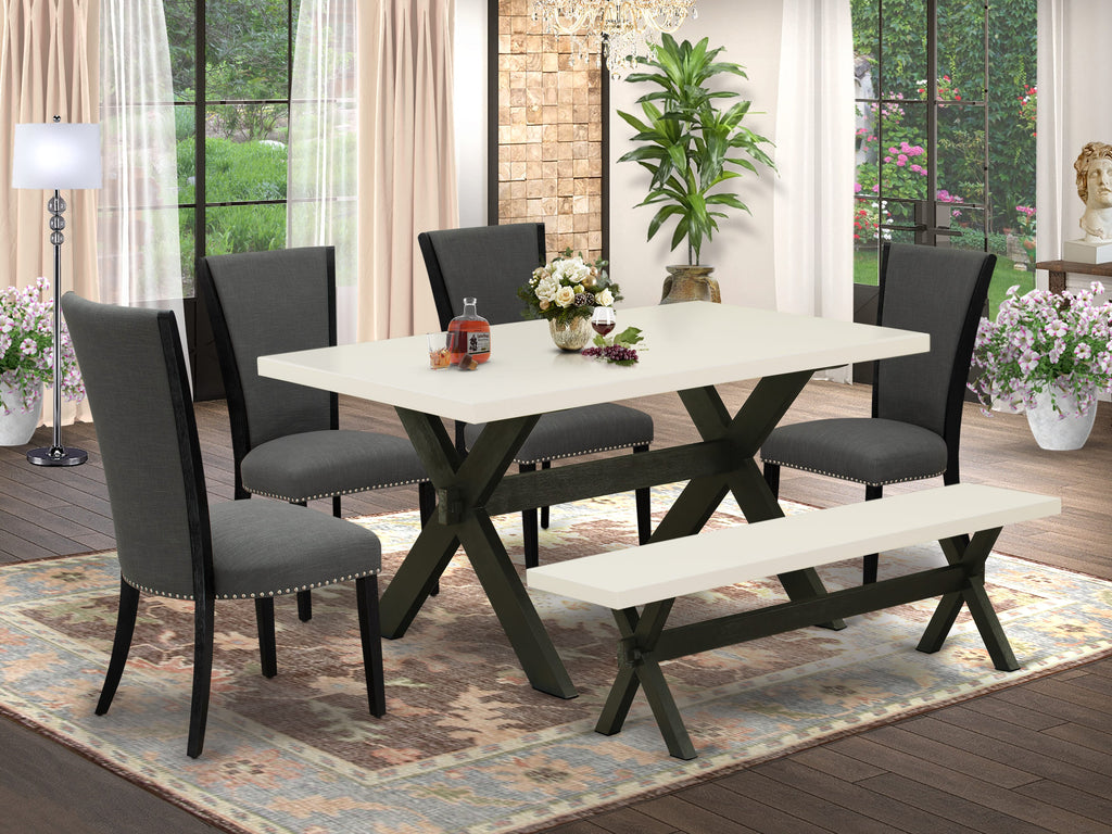 East West Furniture X626VE650-6 6 Piece Dining Set Contains a Rectangle Dining Room Table with X-Legs and 4 Dark Gotham Linen Fabric Parson Chairs with a Bench