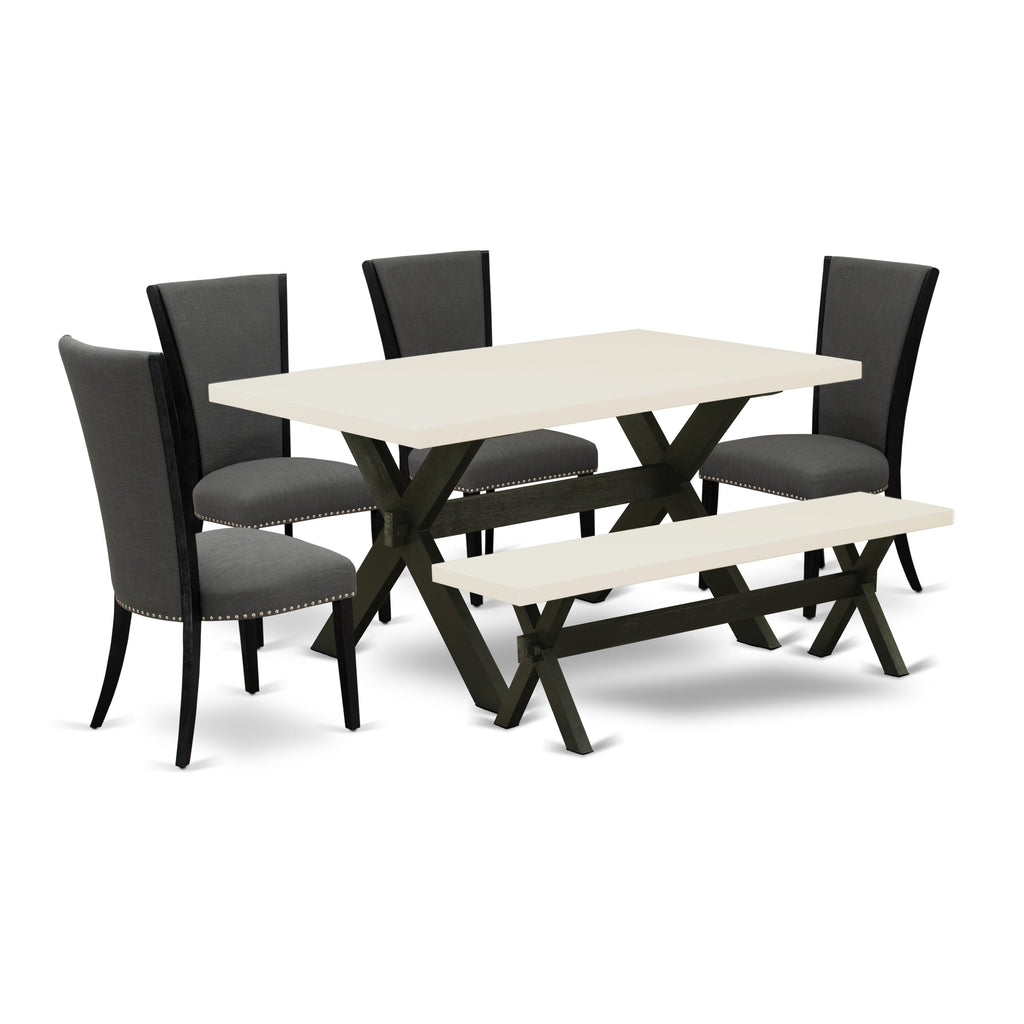 East West Furniture X626VE650-6 6 Piece Dining Set Contains a Rectangle Dining Room Table with X-Legs and 4 Dark Gotham Linen Fabric Parson Chairs with a Bench