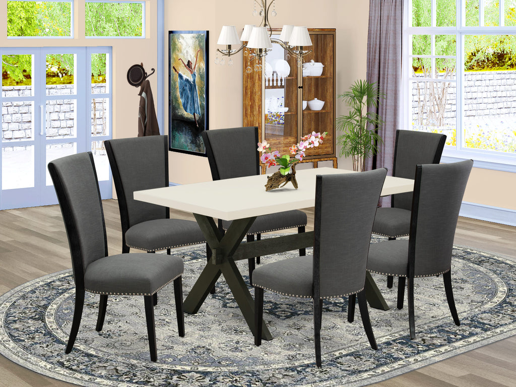 X626VE650-7 7Pc Dining Set - 36x60 Rectangular Table and 6 Parson Chairs - Wirebrushed Black & Linen White Color