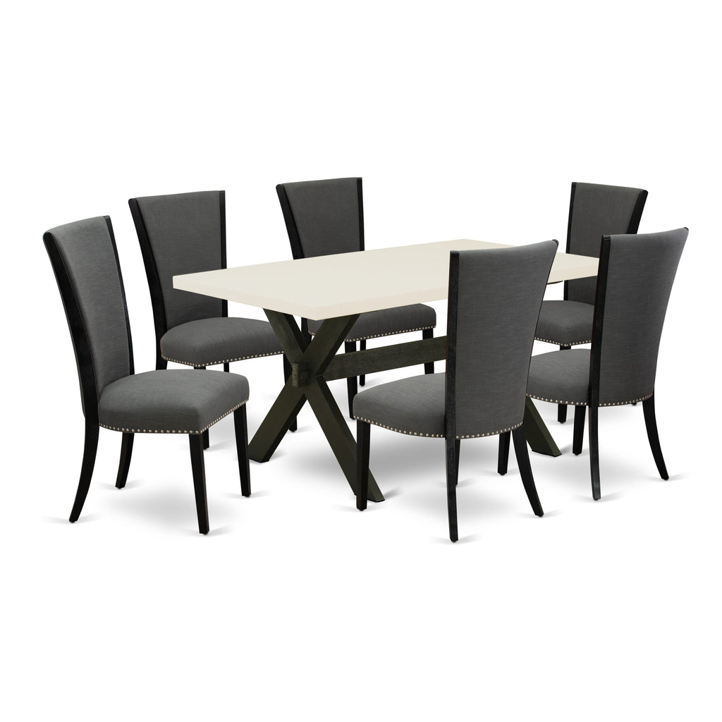 X626VE650-7 7Pc Dining Set - 36x60 Rectangular Table and 6 Parson Chairs - Wirebrushed Black & Linen White Color