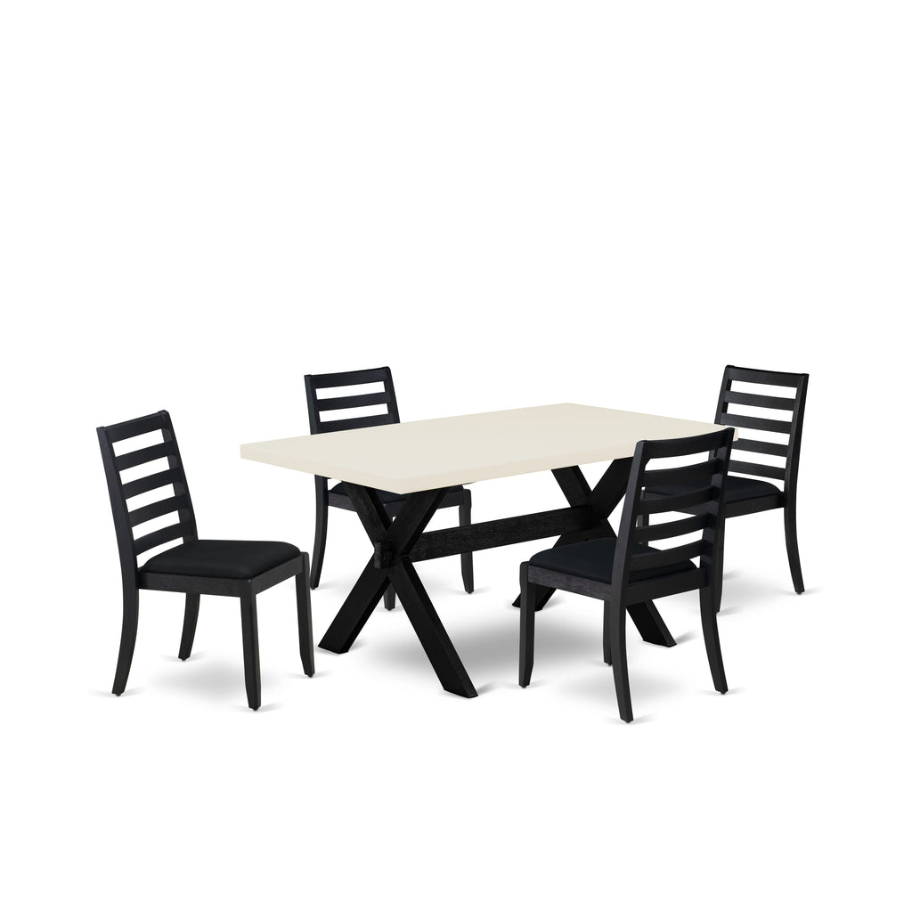 East West Furniture X626X1624-5 - 5-piece dining room set consists of a kitchen table with Linen White top and 4 stackable dining chairs with Black Linen Fabric - Wire-brushed Black