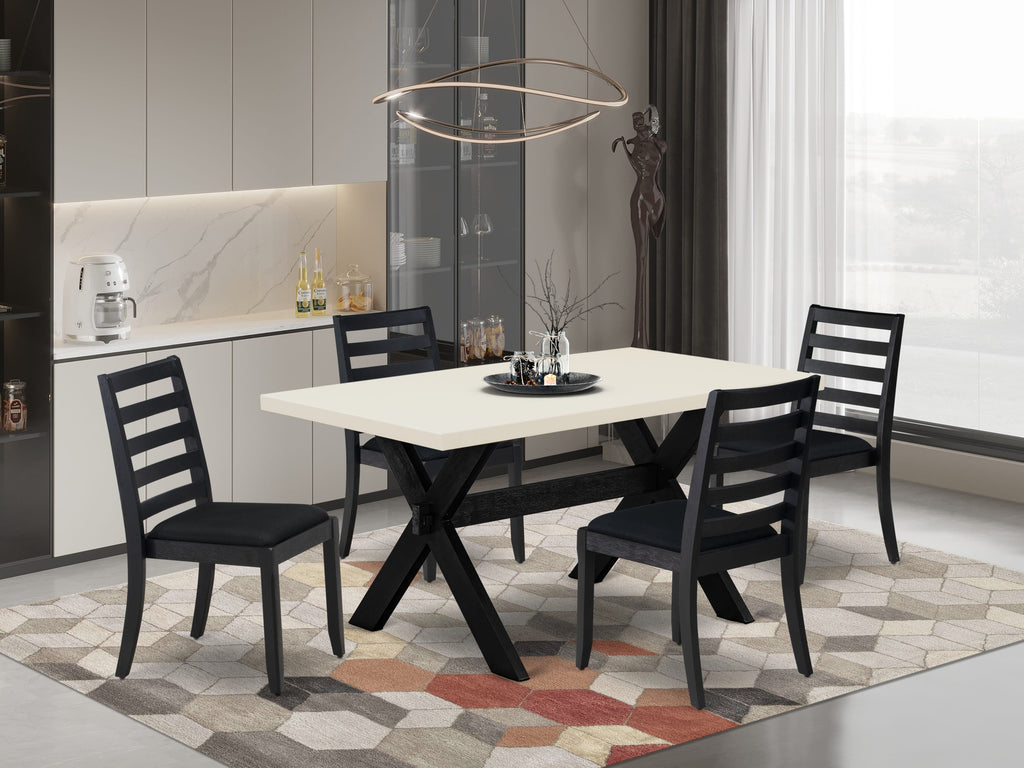 East West Furniture X626X1624-5 - 5-piece dining room set consists of a kitchen table with Linen White top and 4 stackable dining chairs with Black Linen Fabric - Wire-brushed Black