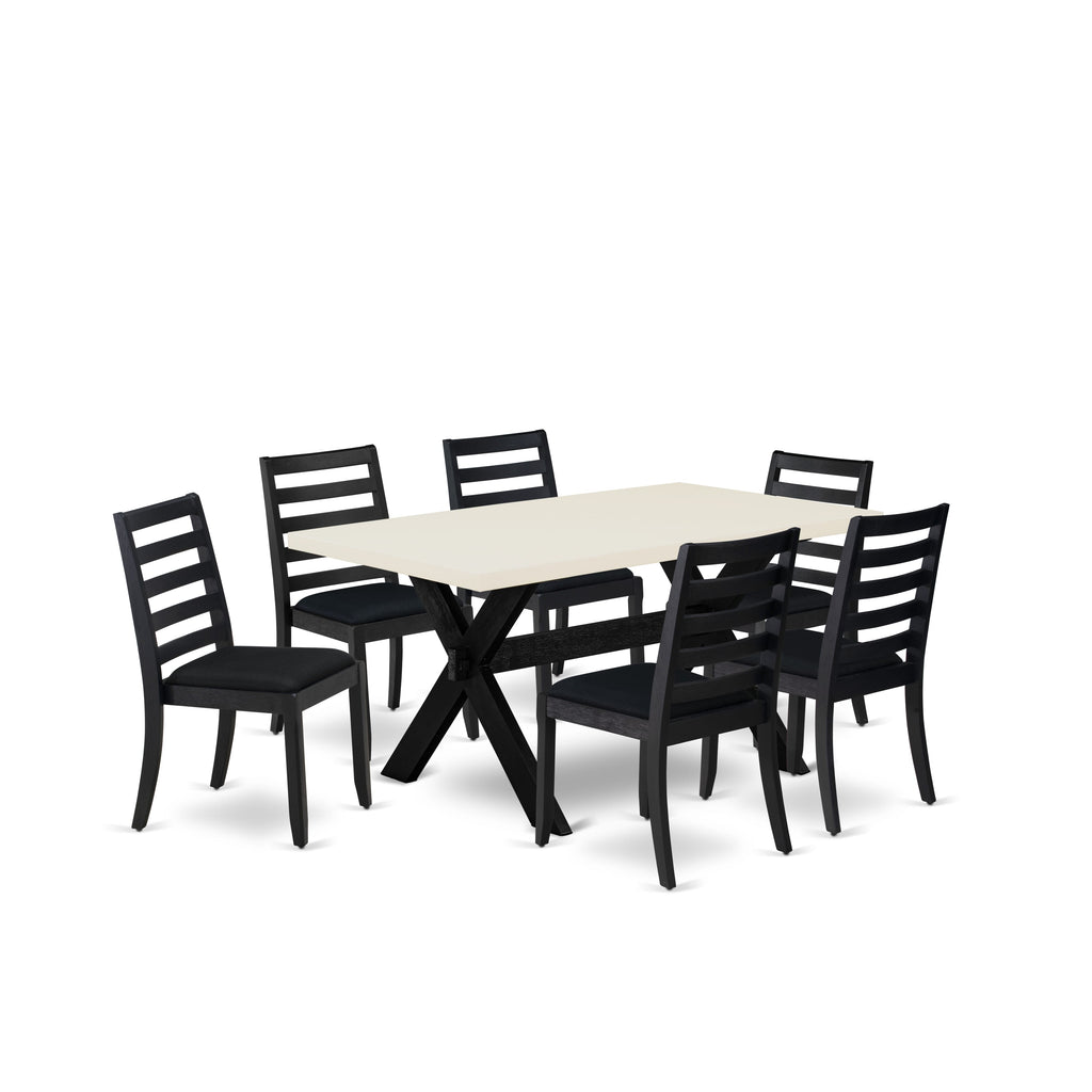 East West Furniture X626X1624-7 - 7-piece kitchen table set consists of a wooden table with Linen White top and 6 stackable chairs with Black Linen Fabric - Wire-brushed Black