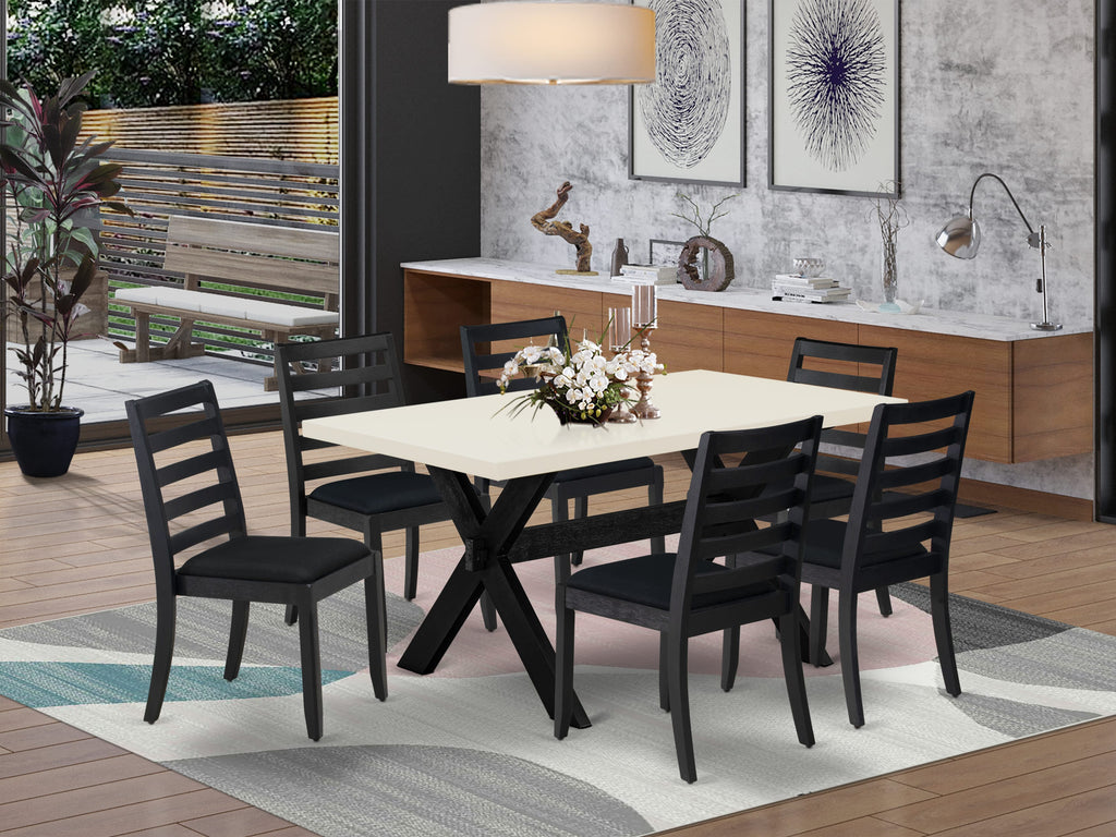 East West Furniture X626X1624-7 - 7-piece kitchen table set consists of a wooden table with Linen White top and 6 stackable chairs with Black Linen Fabric - Wire-brushed Black