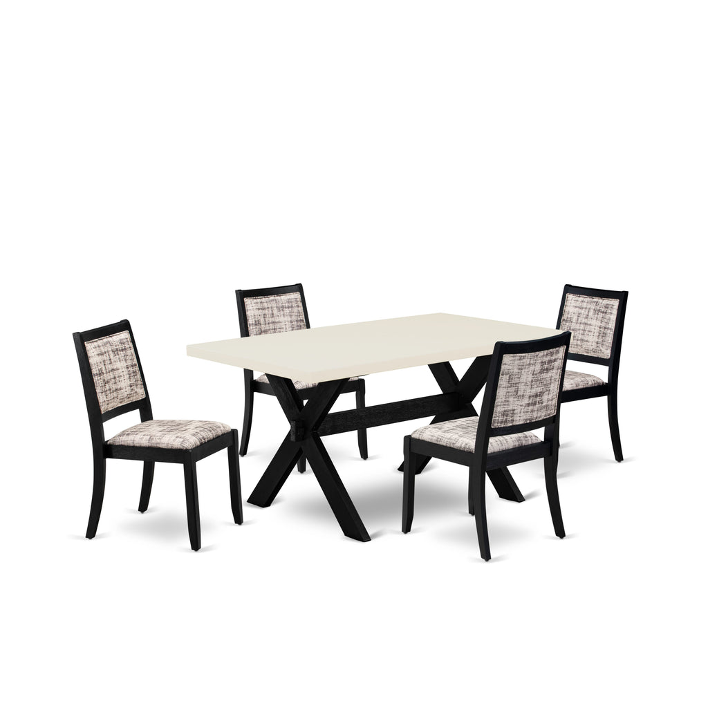 East West Furniture X626X2630-5 - 5-piece dining set consists of a dining table with Linen White top and 4 stackable chairs with White and Gray Pattern Faux Leather - Wire-brushed Black