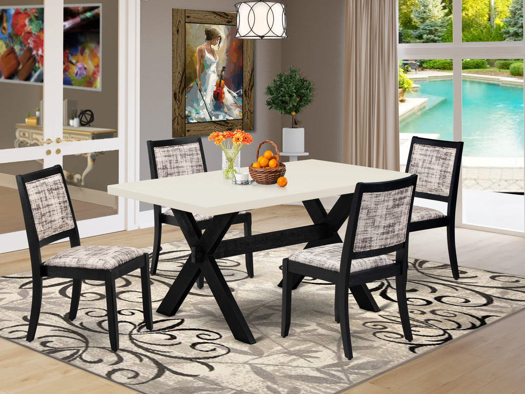 East West Furniture X626X2630-5 - 5-piece dining set consists of a dining table with Linen White top and 4 stackable chairs with White and Gray Pattern Faux Leather - Wire-brushed Black