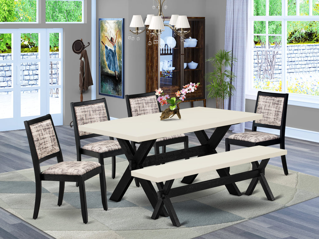 East West Furniture X626X2630-6 - 6-piece dining set consists of a dining table and a bench with Linen White top and 4 stackable chairs with White and Gray Pattern Faux Leather - Wire-brushed Black