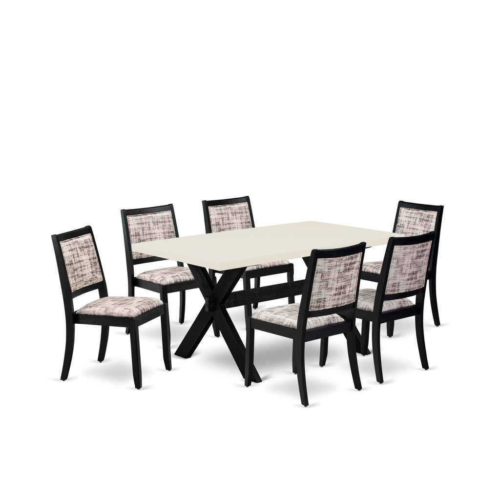 East West Furniture X626X2630-7 - 7-piece kitchen table set consists of a wooden table with Linen White top and 6 stackable chairs with White and Gray Pattern Faux Leather - Wire-brushed Black