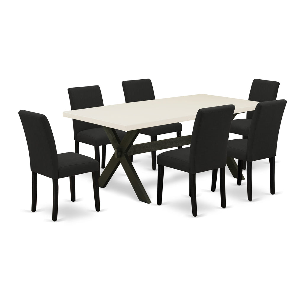 East West Furniture X627AB624-7 7 Piece Dining Room Furniture Set Consist of a Rectangle Dining Table with X-Legs and 6 Black Color Linen Fabric Upholstered Chairs