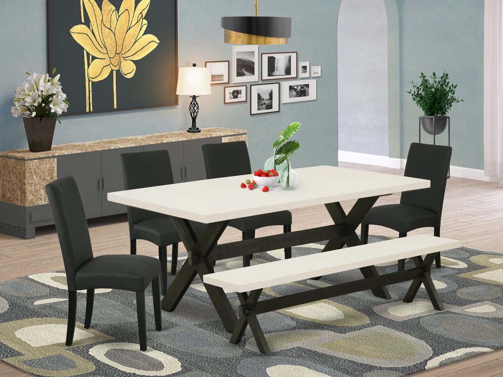 East West Furniture X627DR124-6 6 Piece Dining Table Set Contains a Rectangle Wooden Table with X-Legs and 4 Black Color Linen Fabric Parson Chairs with a Bench