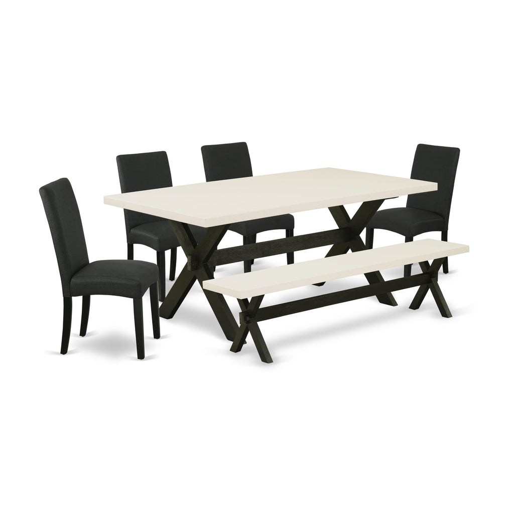 East West Furniture X627DR124-6 6 Piece Dining Table Set Contains a Rectangle Wooden Table with X-Legs and 4 Black Color Linen Fabric Parson Chairs with a Bench