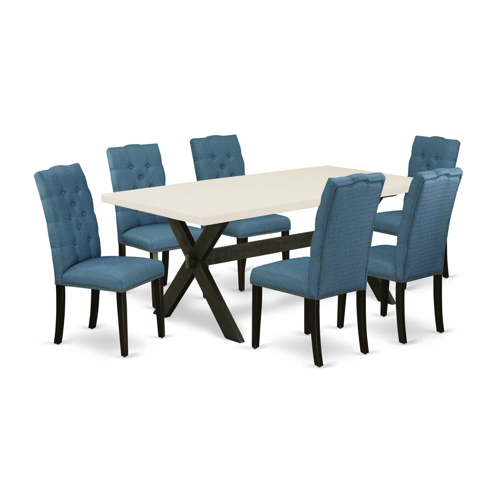 East West Furniture X627EL121-7 7 Piece Dining Room Table Set Consist of a Rectangle Kitchen Table with X-Legs and 6 Blue Linen Fabric Parson Dining Chairs