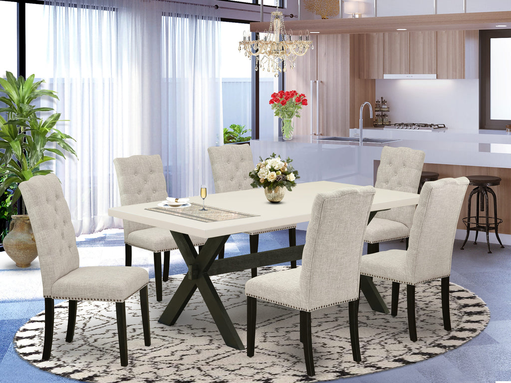 East West Furniture X627EL635-7 7 Piece Dining Table Set Consist of a Rectangle Dining Room Table with X-Legs and 6 Doeskin Linen Fabric Upholstered Chairs