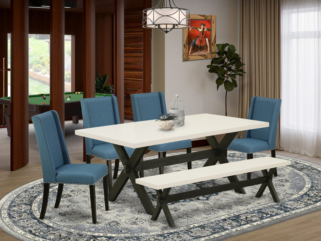 East West Furniture X627FL121-6 6 Piece Dining Set Contains a Rectangle Dining Room Table with X-Legs and 4 Blue Linen Fabric Parson Chairs with a Bench