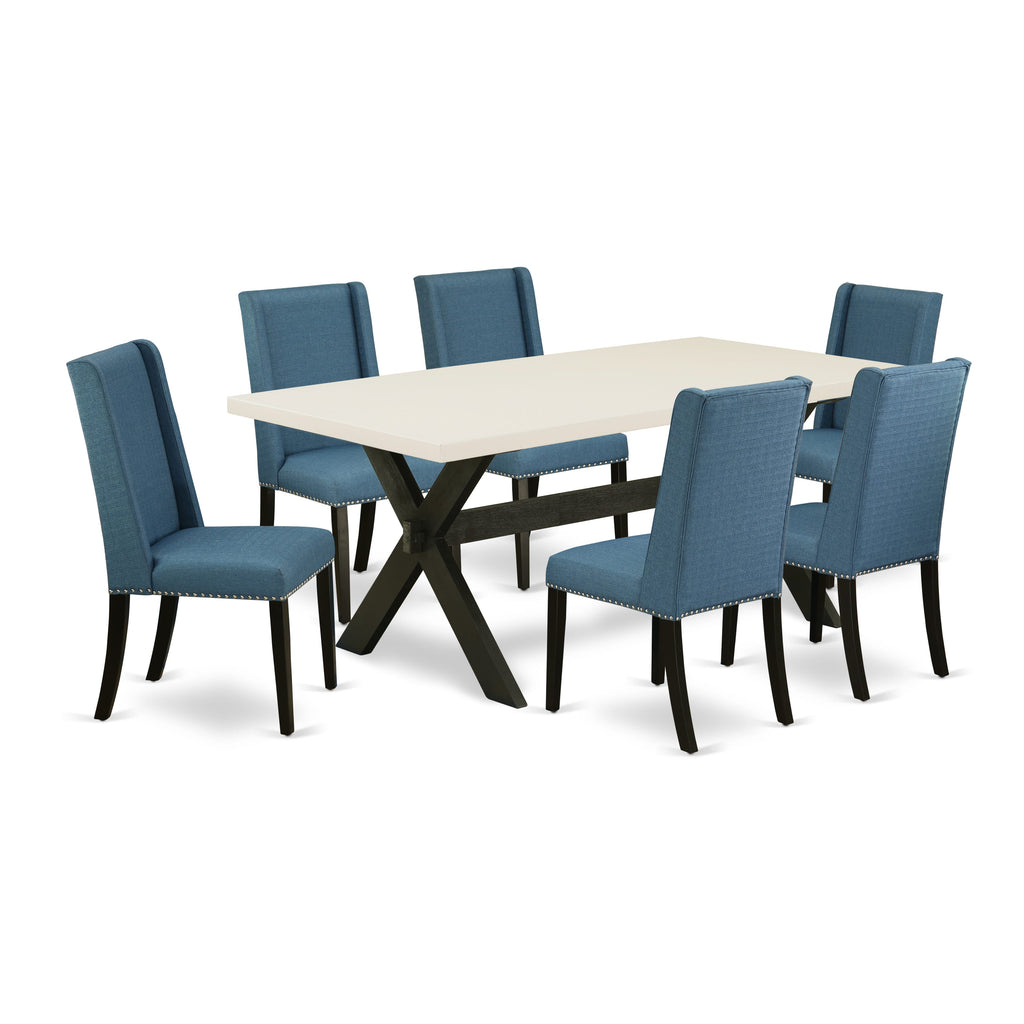 East West Furniture X627FL121-7 7 Piece Kitchen Table Set Consist of a Rectangle Dining Table with X-Legs and 6 Blue Linen Fabric Parsons Dining Chairs