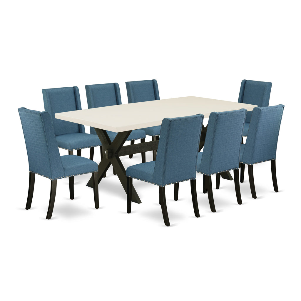 East West Furniture X627FL121-9 9 Piece Kitchen Table & Chairs Set Includes a Rectangle Dining Room Table with X-Legs and 8 Blue Linen Fabric Parson Dining Chairs