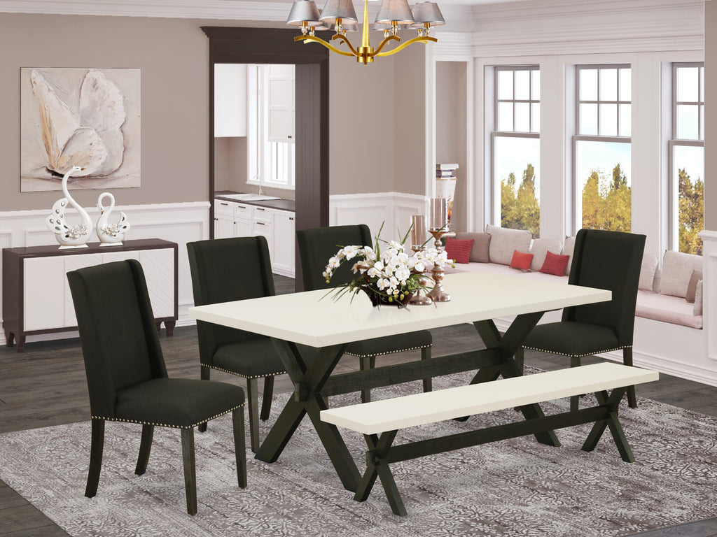 East West Furniture X627FL624-6 6 Piece Dining Room Set Contains a Rectangle Dining Table with X-Legs and 4 Black Linen Fabric Parson Chairs with a Bench