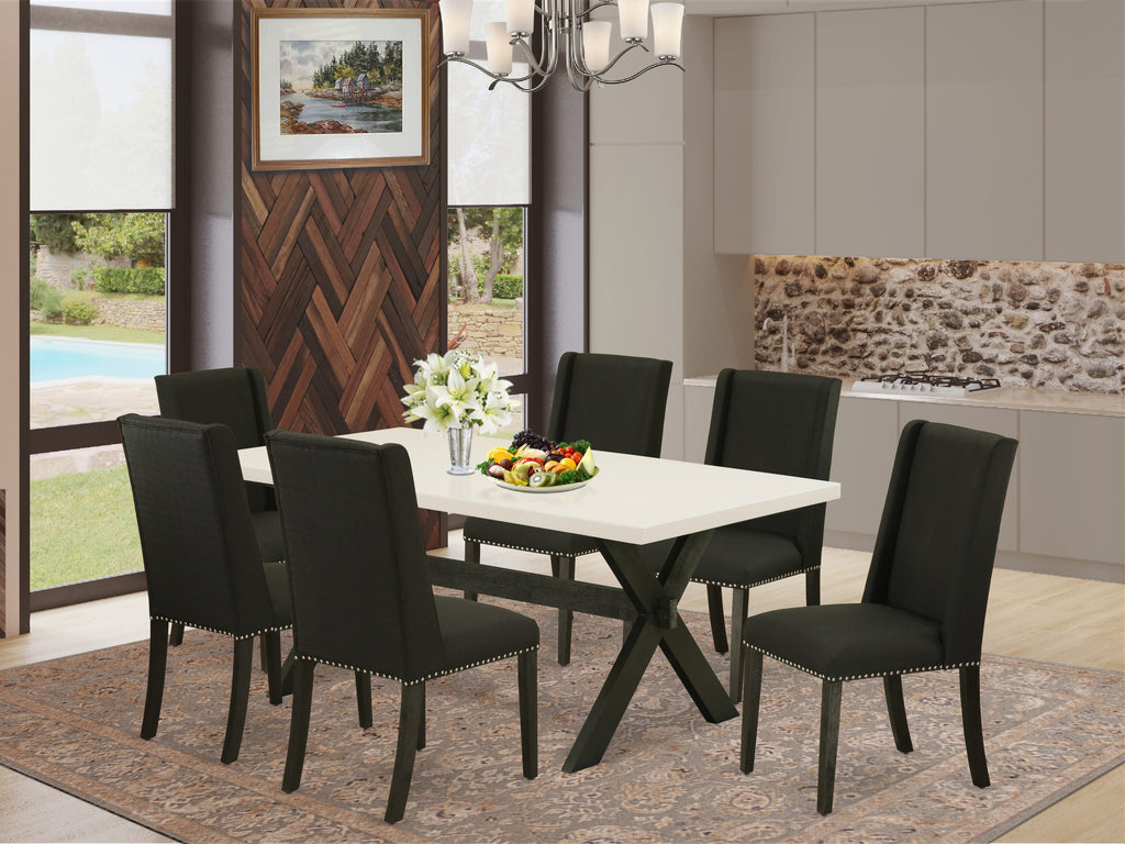 East West Furniture X627FL624-7 7 Piece Modern Dining Table Set Consist of a Rectangle Wooden Table with X-Legs and 6 Black Linen Fabric Upholstered Chairs