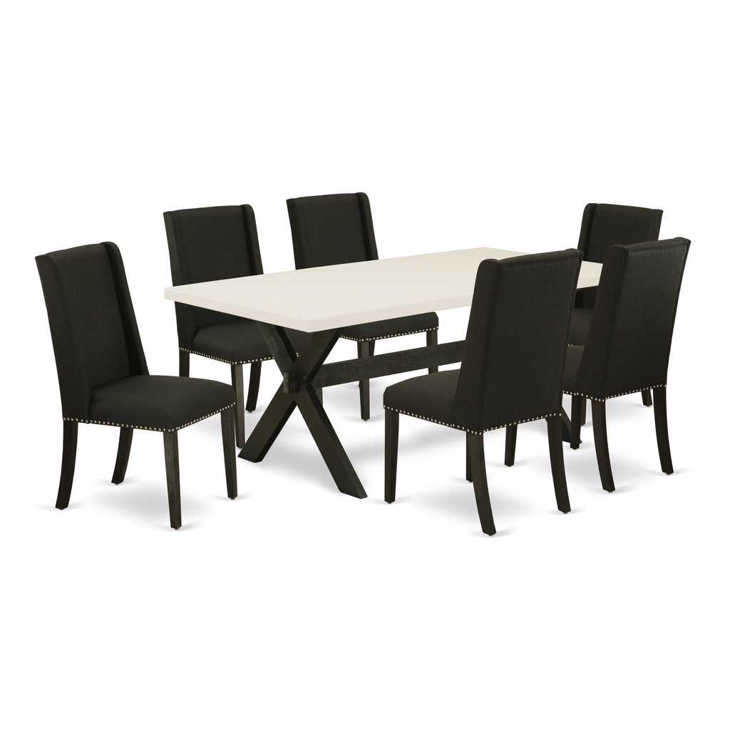 East West Furniture X627FL624-7 7 Piece Modern Dining Table Set Consist of a Rectangle Wooden Table with X-Legs and 6 Black Linen Fabric Upholstered Chairs