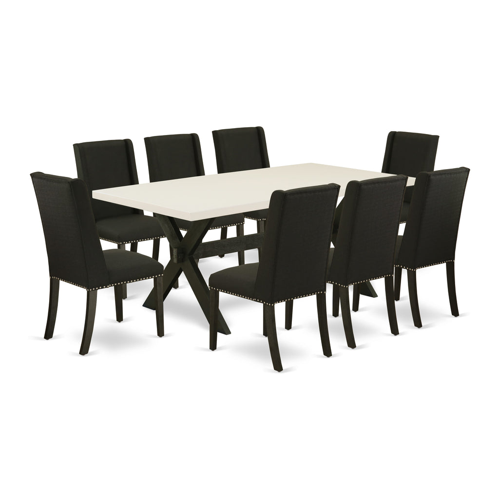 East West Furniture X627FL624-9 9 Piece Dining Room Furniture Set Includes a Rectangle Dining Table with X-Legs and 8 Black Linen Fabric Upholstered Parson Chairs