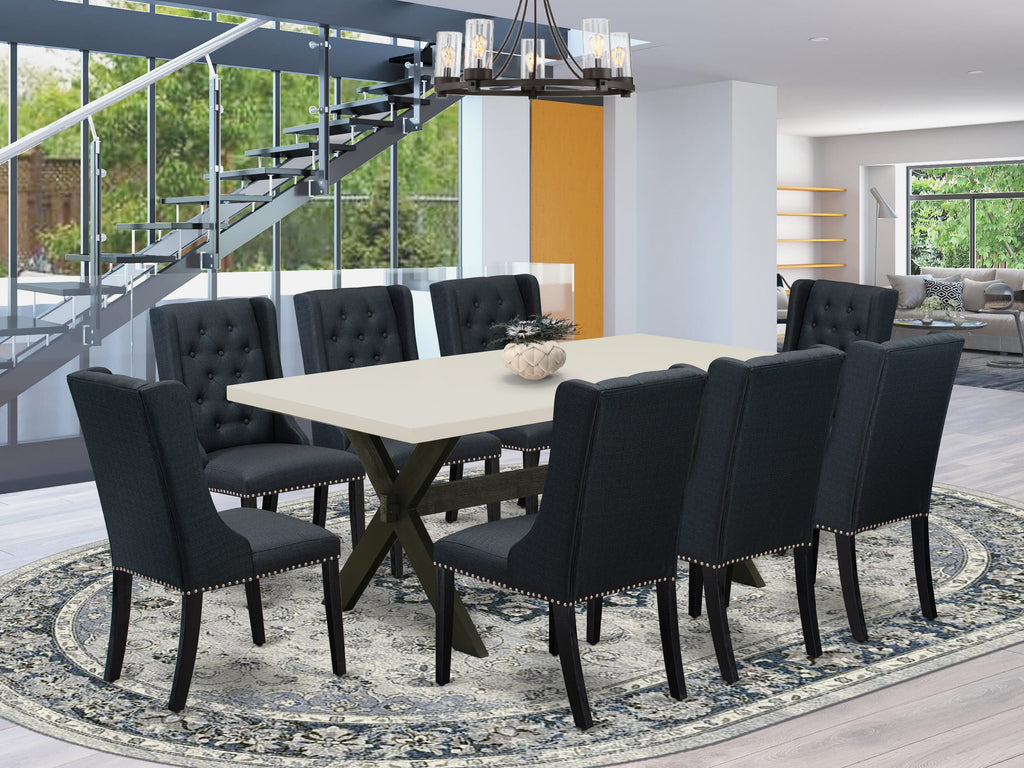 East West Furniture X627FO624-9 9 Piece Dining Set Includes a Rectangle Dining Room Table with X-Legs and 8 Black Linen Fabric Upholstered Parson Chairs