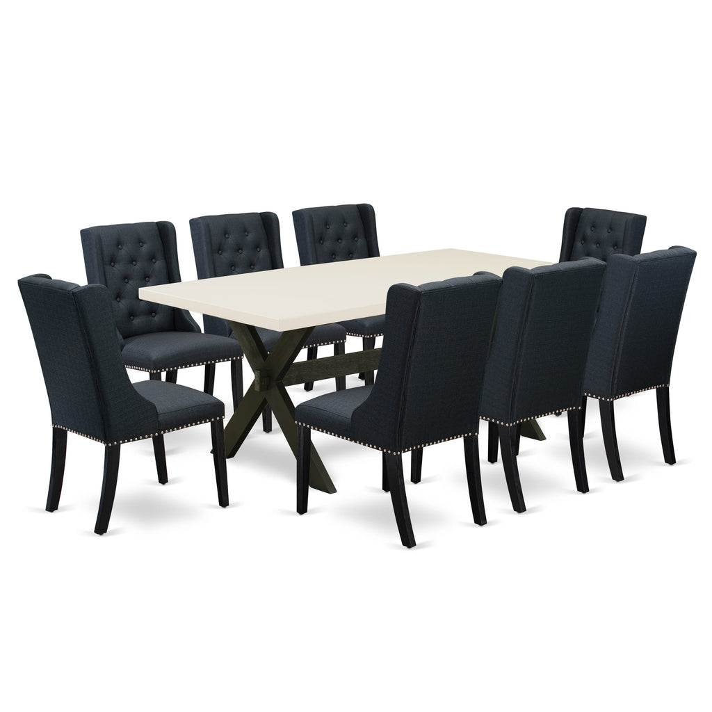 East West Furniture X627FO624-9 9 Piece Dining Set Includes a Rectangle Dining Room Table with X-Legs and 8 Black Linen Fabric Upholstered Parson Chairs