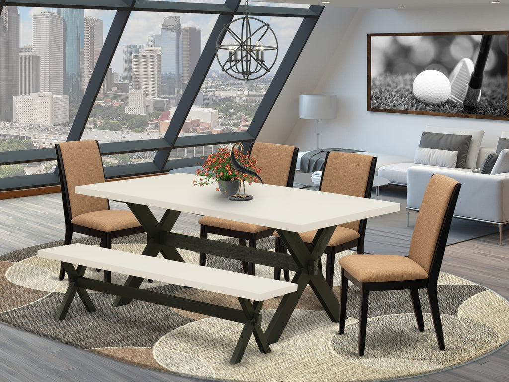 East West Furniture X627LA147-6 6 Piece Dining Set Contains a Rectangle Dining Room Table with X-Legs and 4 Light Sable Linen Fabric Parson Chairs with a Bench