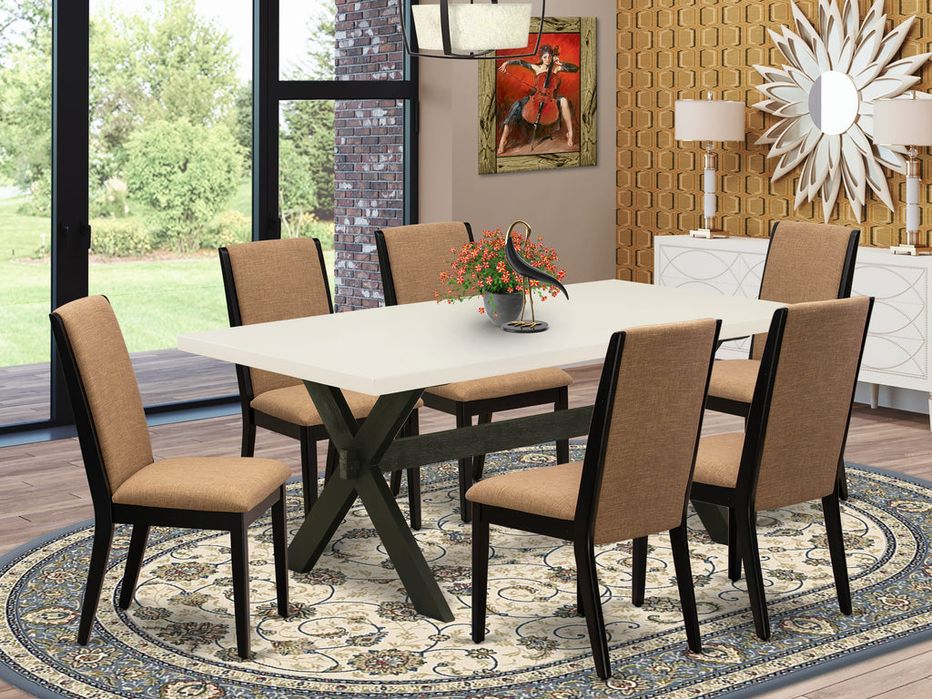 East West Furniture X627LA147-7 7 Piece Dining Table Set Consist of a Rectangle Dining Room Table with X-Legs and 6 Light Sable Linen Fabric Upholstered Chairs