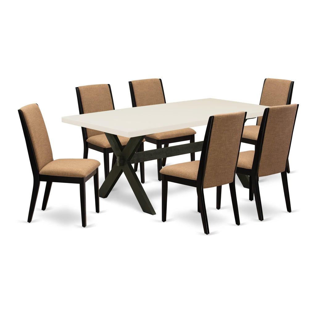 East West Furniture X627LA147-7 7 Piece Dining Table Set Consist of a Rectangle Dining Room Table with X-Legs and 6 Light Sable Linen Fabric Upholstered Chairs