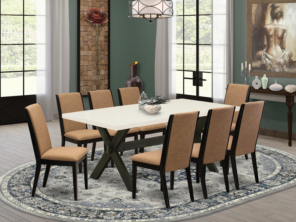 East West Furniture X627LA147-9 9 Piece Dining Table Set Includes a Rectangle Kitchen Table with X-Legs and 8 Light Sable Linen Fabric Parson Dining Room Chairs