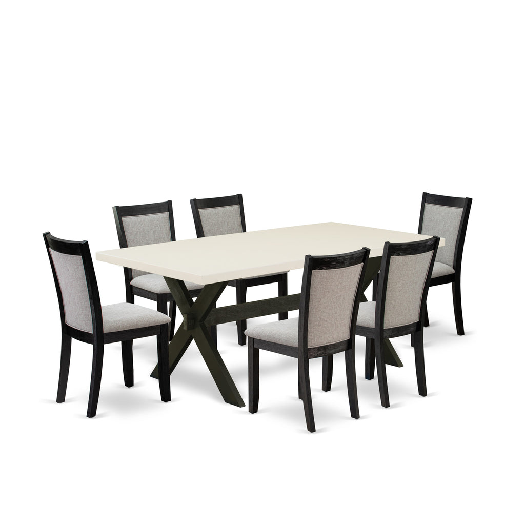 East West Furniture X627MZ606-7 7 Piece Kitchen Table Set Consist of a Rectangle Dining Table with X-Legs and 6 Shitake Linen Fabric Parsons Dining Chairs