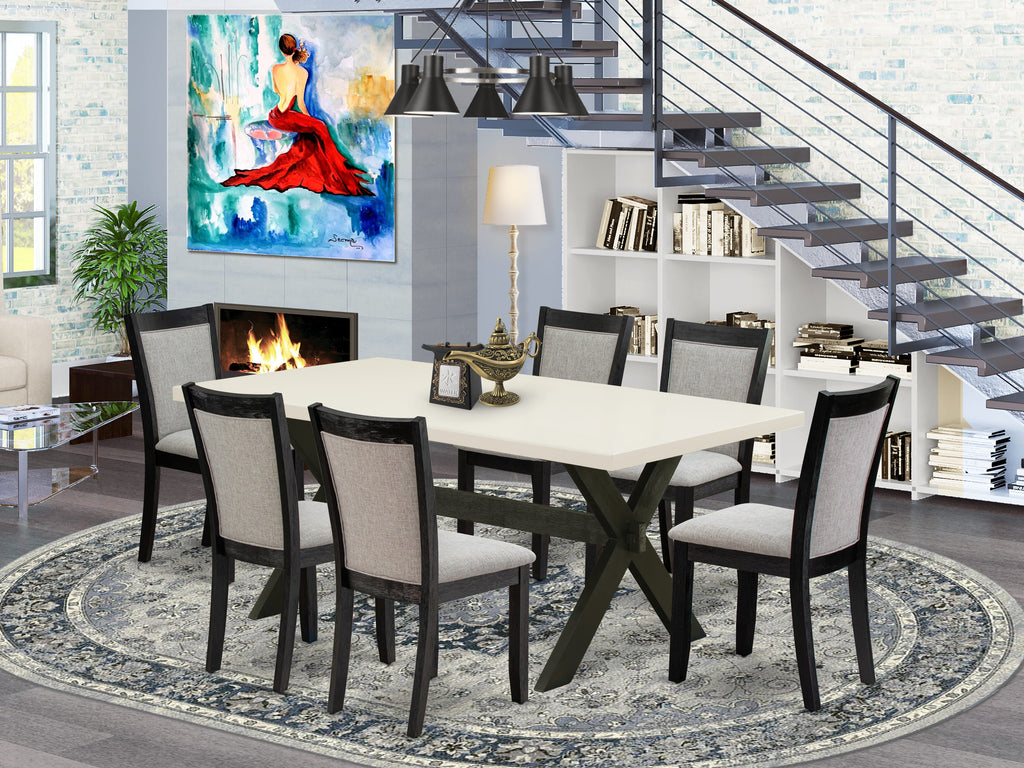 East West Furniture X627MZ606-7 7 Piece Kitchen Table Set Consist of a Rectangle Dining Table with X-Legs and 6 Shitake Linen Fabric Parsons Dining Chairs