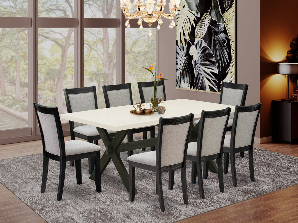 East West Furniture X627MZ606-9 9 Piece Modern Dining Table Set Includes a Rectangle Dining Room Table with X-Legs and 8 Shitake Linen Fabric Upholstered Chairs