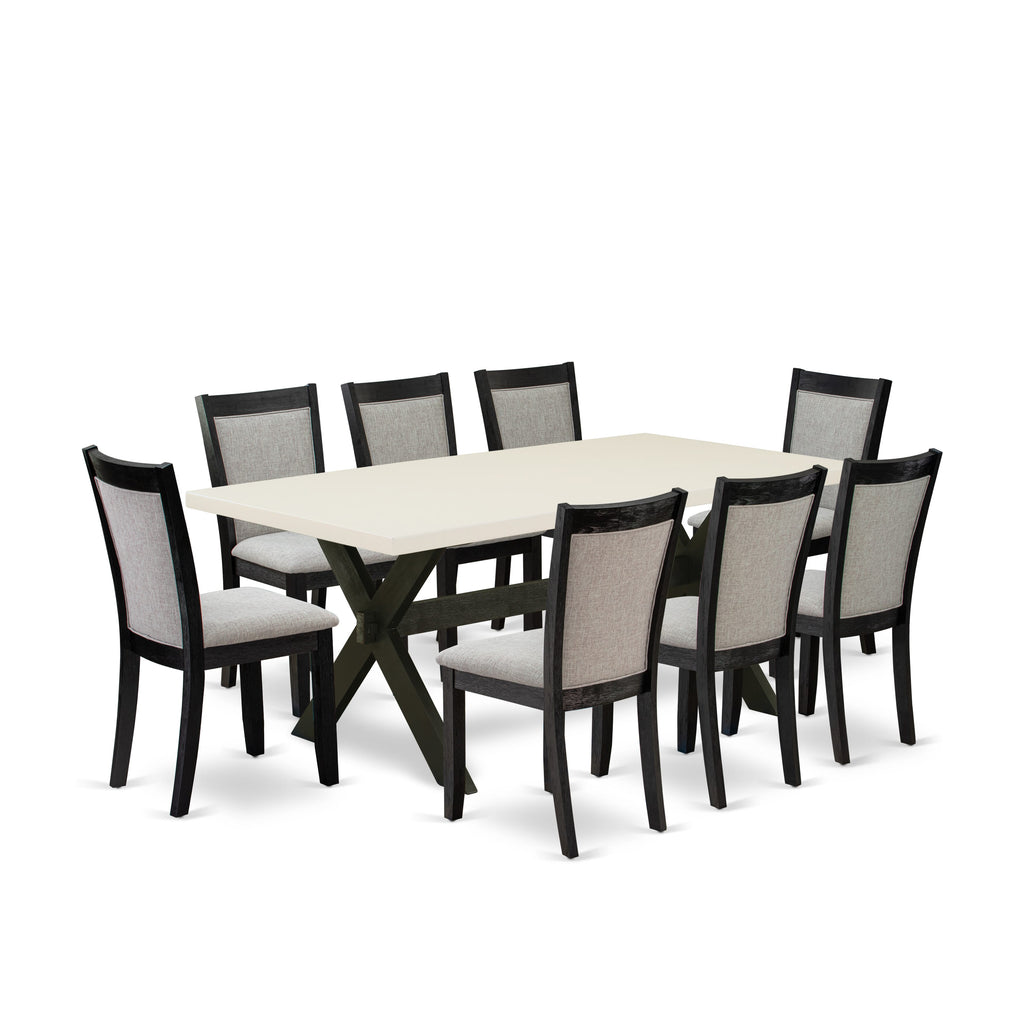 East West Furniture X627MZ606-9 9 Piece Modern Dining Table Set Includes a Rectangle Dining Room Table with X-Legs and 8 Shitake Linen Fabric Upholstered Chairs