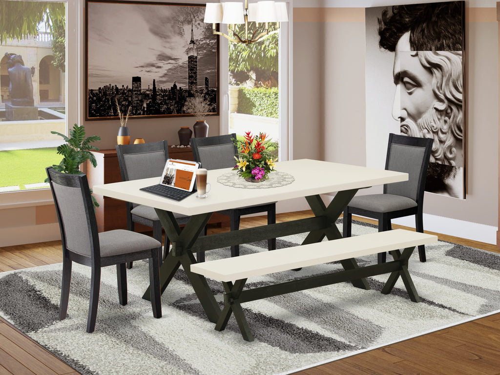 East West Furniture X627MZ650-6 6 Piece Dining Table Set Contains a Rectangle Kitchen Table and 4 Dark Gotham Grey Linen Fabric Parson Chairs with a Bench