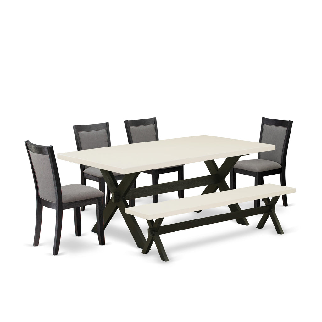 East West Furniture X627MZ650-6 6 Piece Dining Table Set Contains a Rectangle Kitchen Table and 4 Dark Gotham Grey Linen Fabric Parson Chairs with a Bench