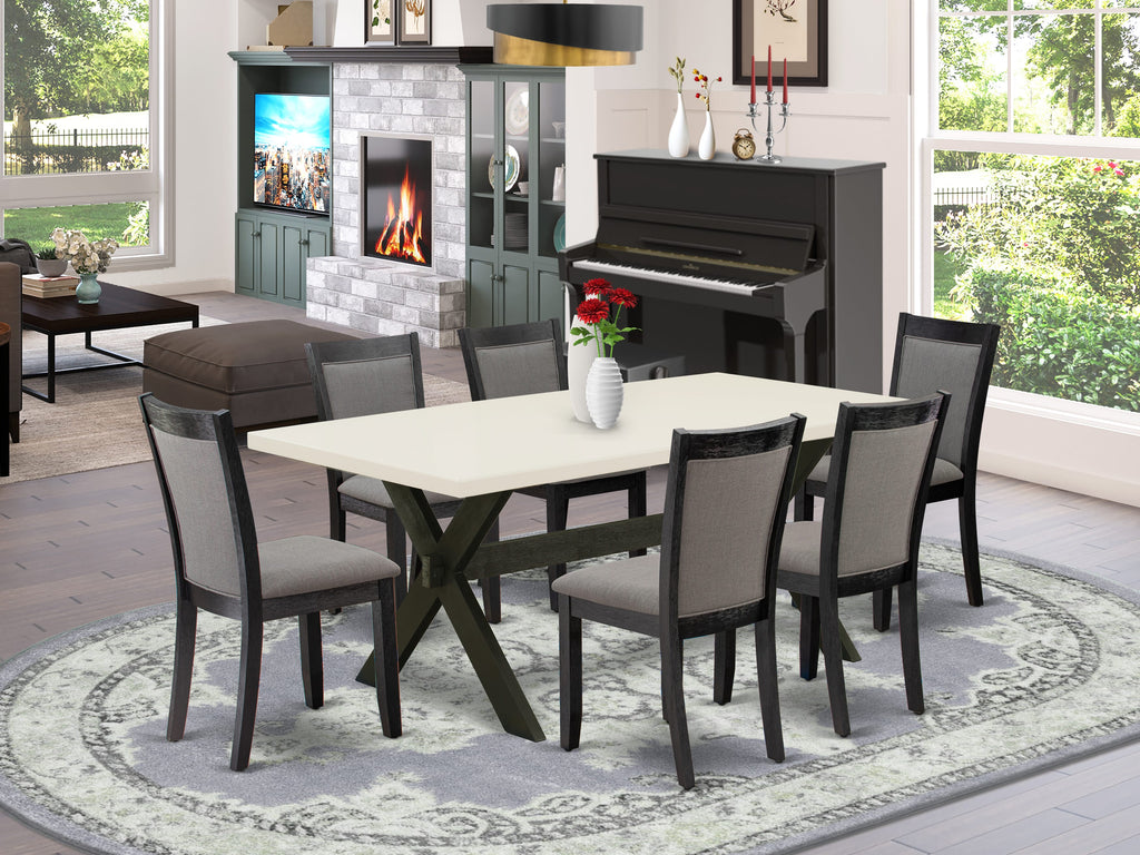 East West Furniture X627MZ650-7 7 Piece Dining Table Set Consist of a Rectangle Kitchen Table with X-Legs and 6 Dark Gotham Grey Linen Fabric Upholstered Chairs