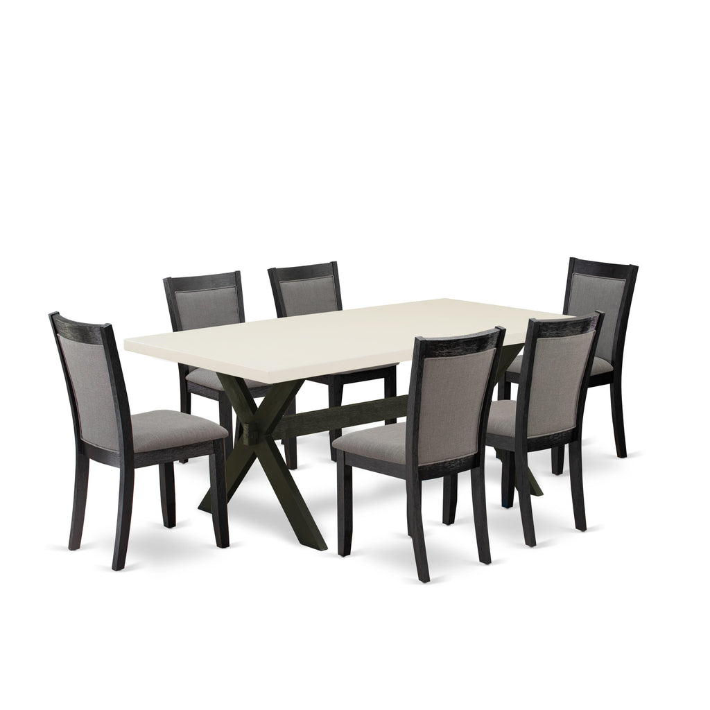 East West Furniture X627MZ650-7 7 Piece Dining Table Set Consist of a Rectangle Kitchen Table with X-Legs and 6 Dark Gotham Grey Linen Fabric Upholstered Chairs