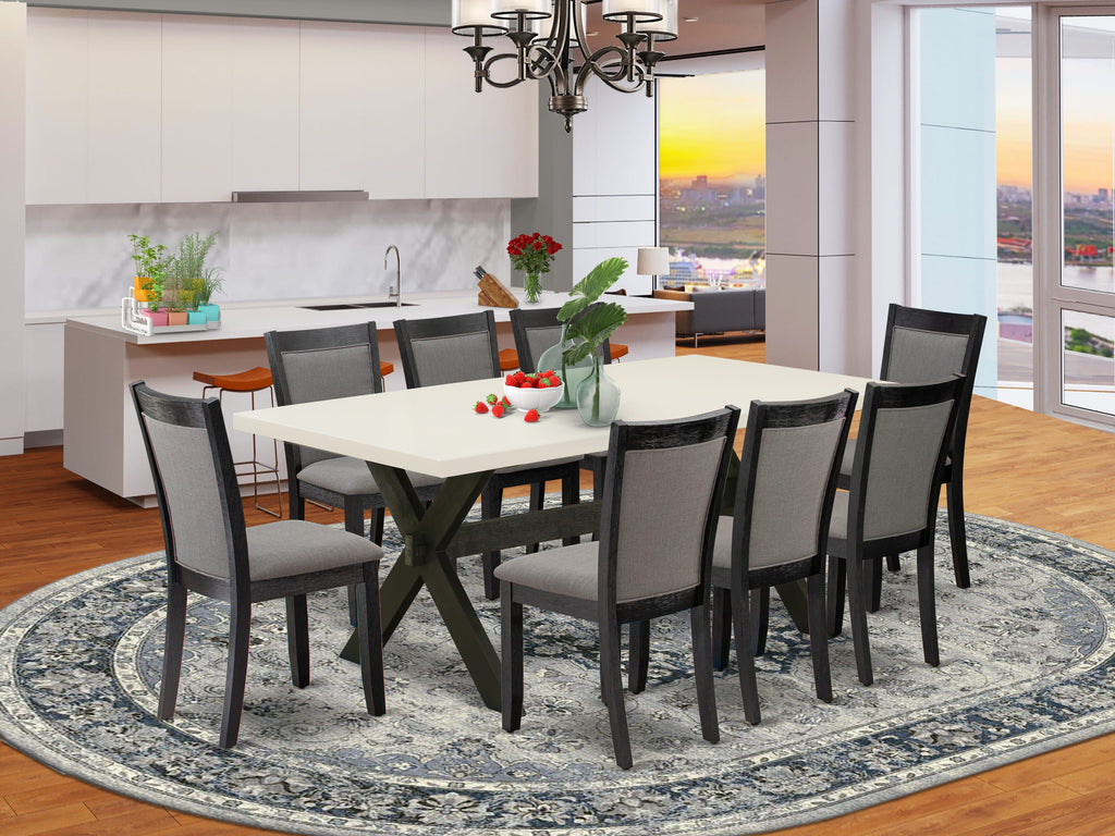 East West Furniture X627MZ650-9 9 Piece Dining Table Set Includes a Rectangle Dining Room Table with X-Legs and 8 Dark Gotham Grey Linen Fabric Parsons Chairs