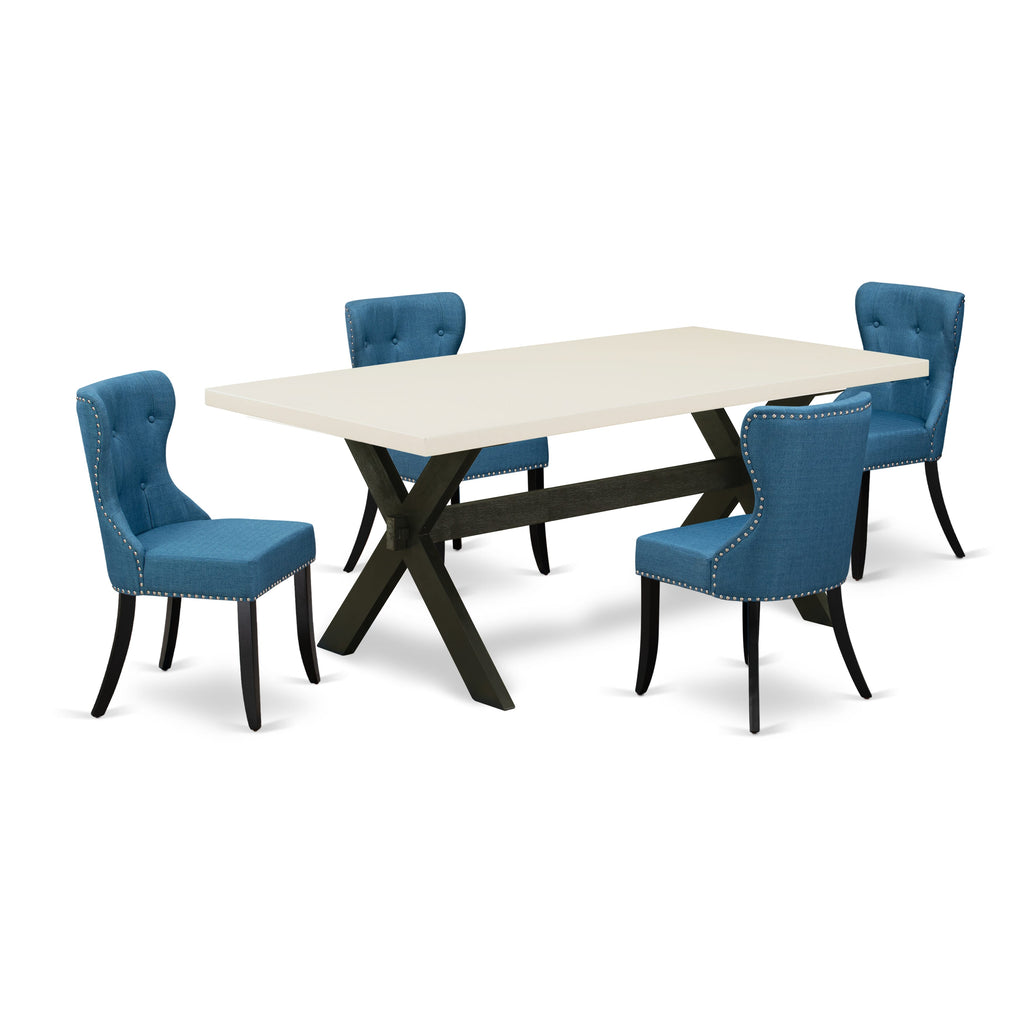 East West Furniture X627SI121-5 5 Piece Dining Room Furniture Set Includes a Rectangle Dining Table with X-Legs and 4 Blue Linen Fabric Upholstered Chairs